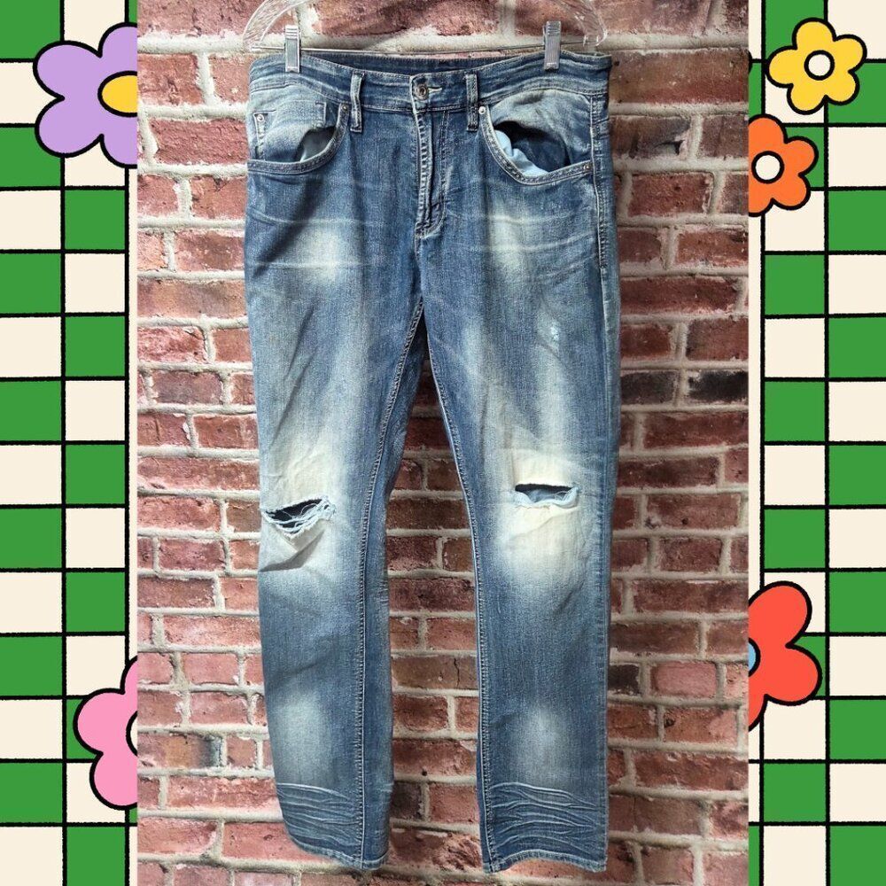 Ash X Jeans 33x32 | Blue Ripped Wide‎ Leg Low Rise Y2K Streetwear Grunge